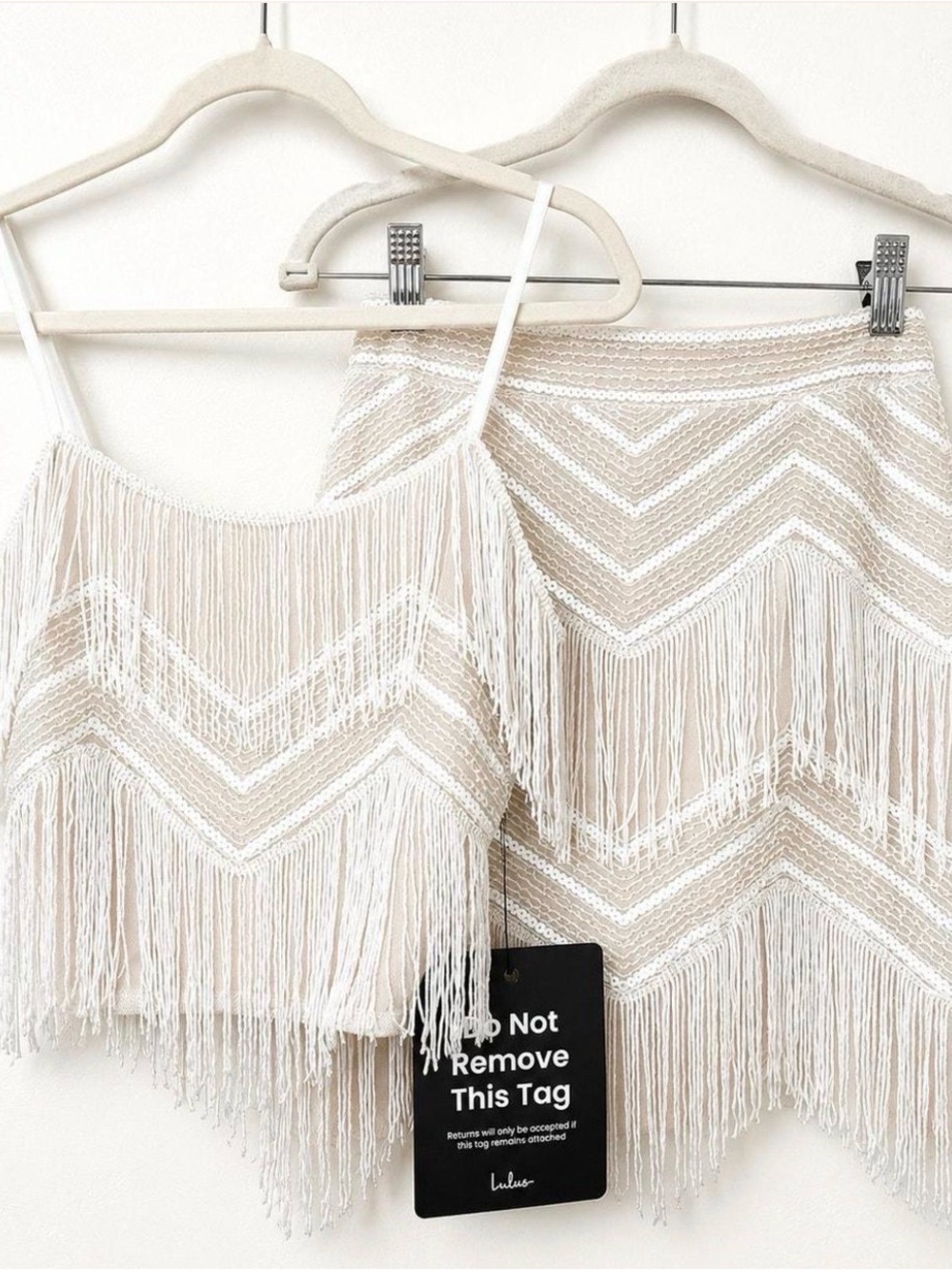 NWT Lulus Soiree Of The Decade White Cream Sequin Fringe Two-Piece- Small - Picture 3 of 8